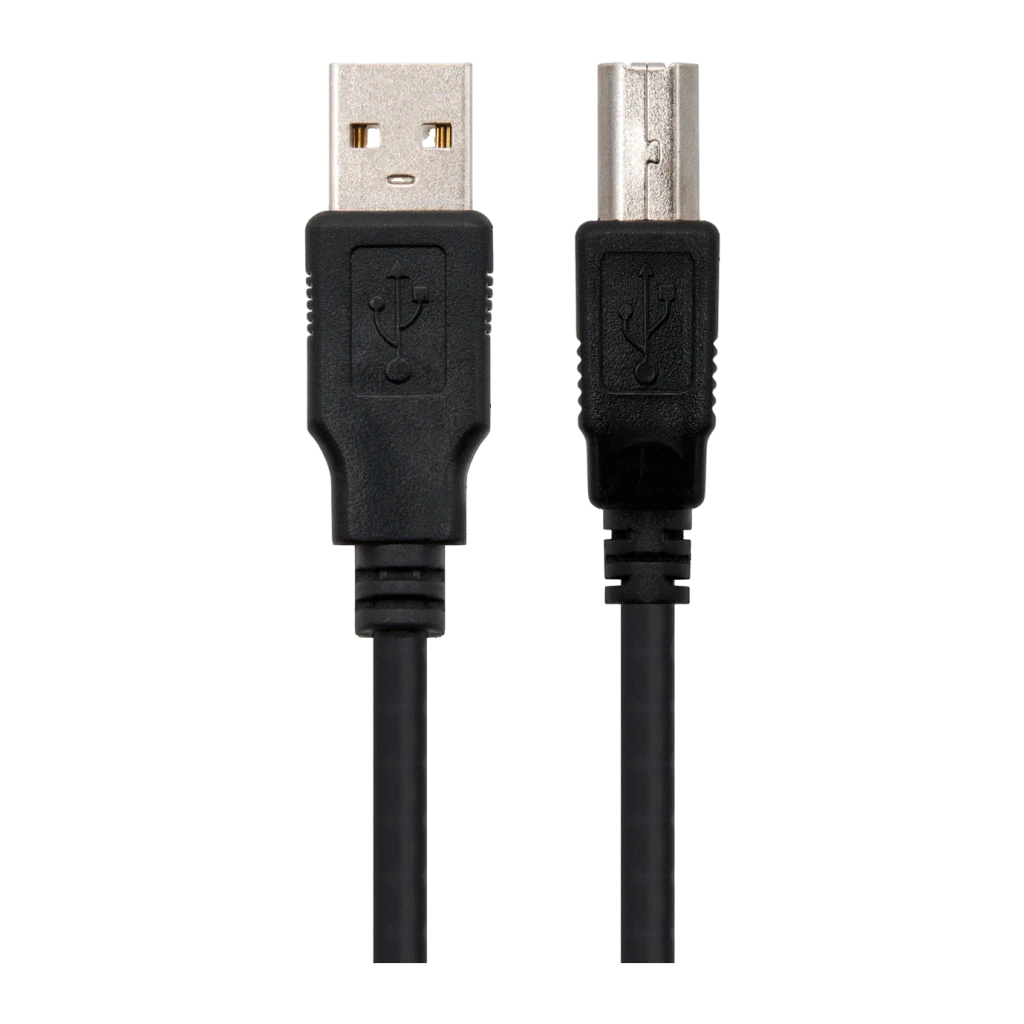 Câble USB Nanocable 2.0 Type A/B 1m USB-A vers USB-B Noir, détail: connecteurs métalliques type A et type B avec logo USB