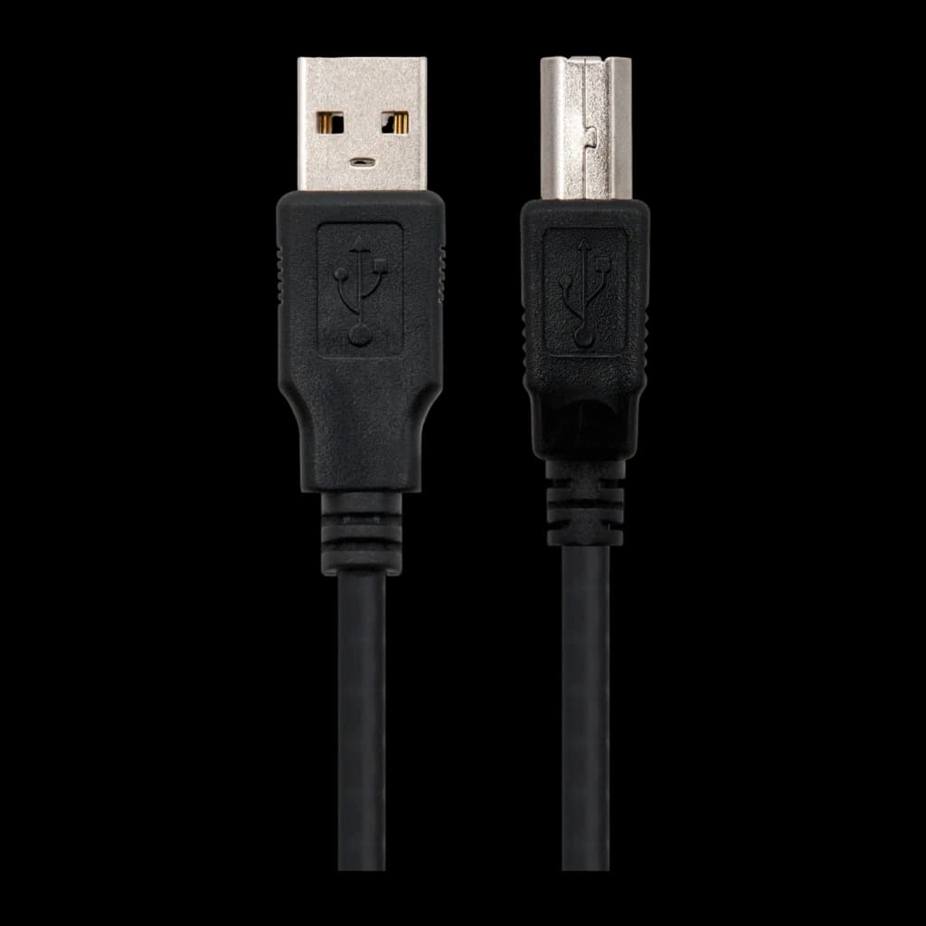 Câble USB Nanocable 2.0 Type A/B 1m USB-A vers USB-B Noir, détail: connecteurs métalliques type A et type B avec logo USB