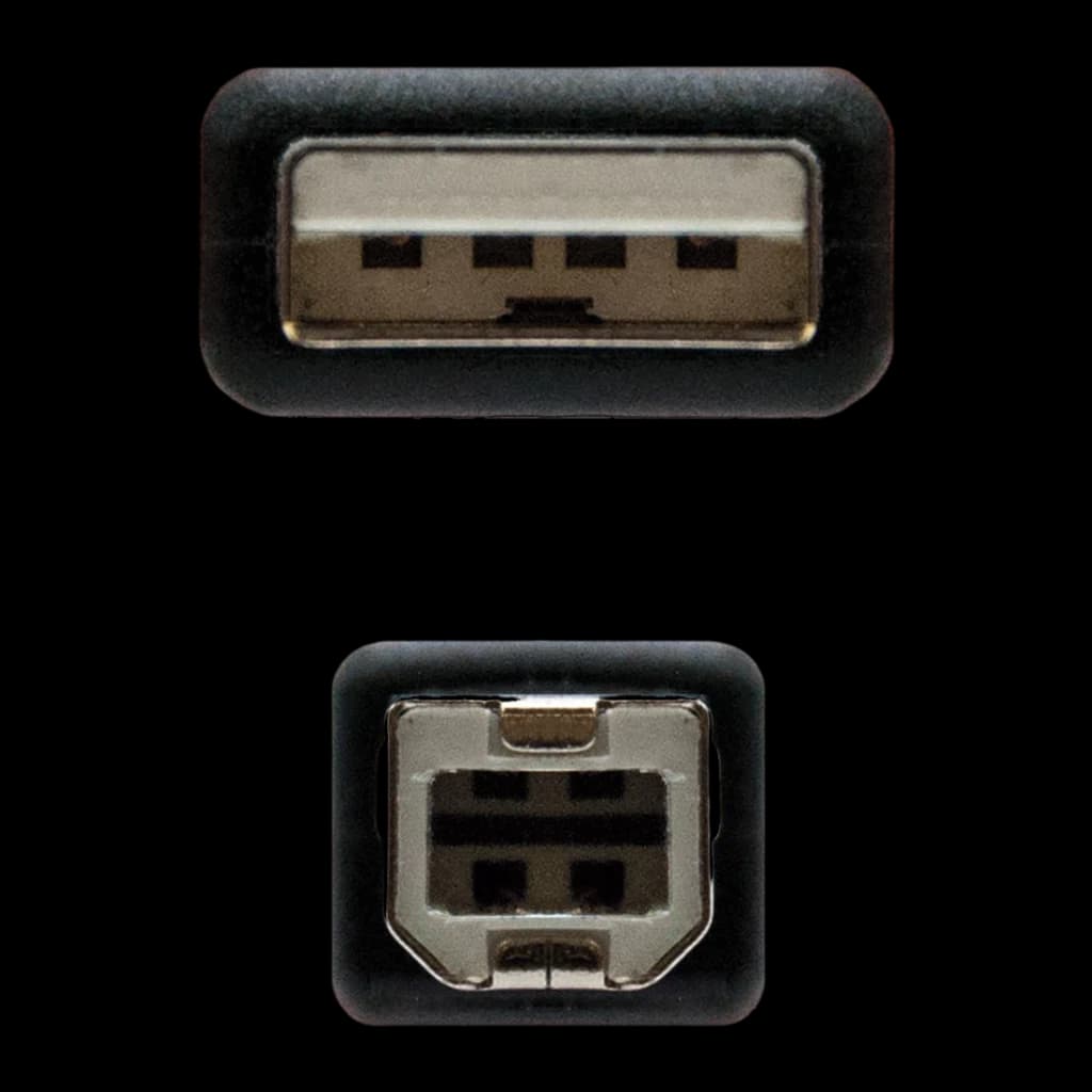 Câble USB Nanocable 2.0 Type A/B 1m USB-A vers USB-B Noir, détail: vue frontale rapprochée des connecteurs Type A et Type B