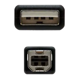 Câble USB Nanocable 2.0 Type A/B 1m USB-A vers USB-B Noir, détail: vue frontale rapprochée des connecteurs Type A et Type B