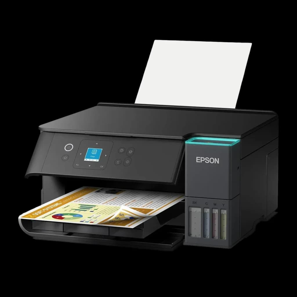 Imprimante Epson EcoTank ET-2950 Multifonction Couleur Noir, vue de face: écran LCD, bac ouvert avec page imprimée