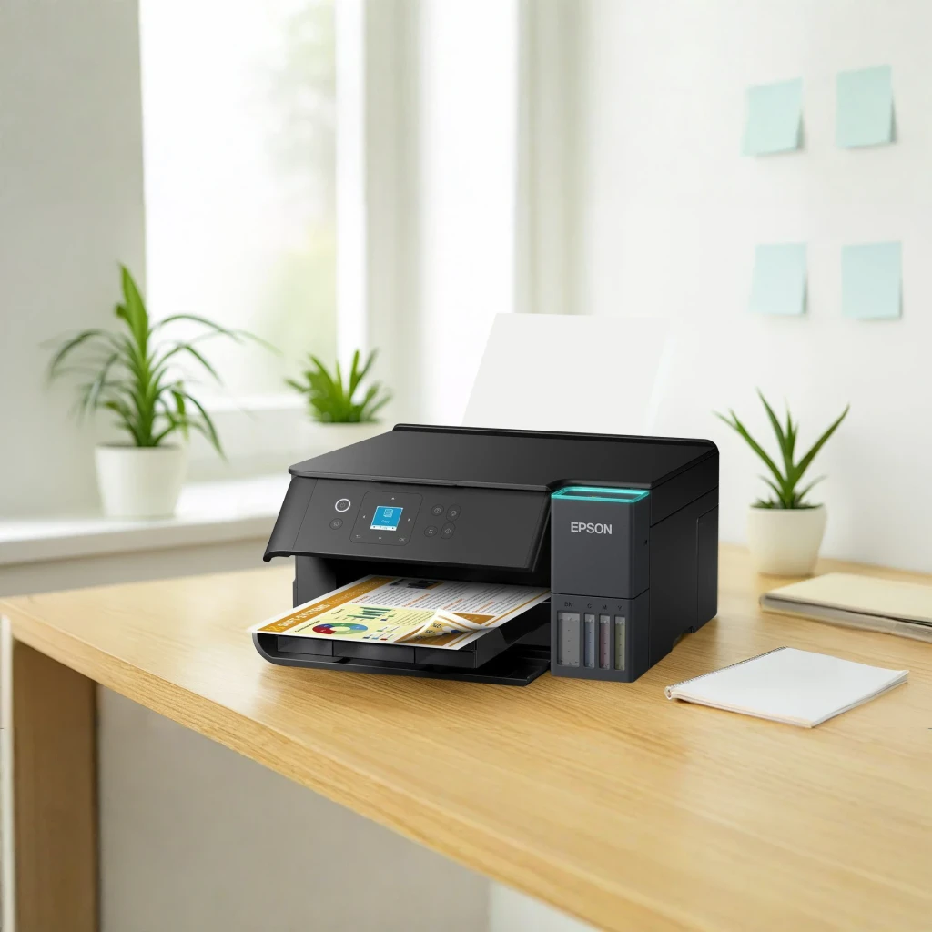 Impresora Epson EcoTank ET-2950 Multifunción Color Negro, en uso: sobre escritorio imprimiendo documento a color, depósitos