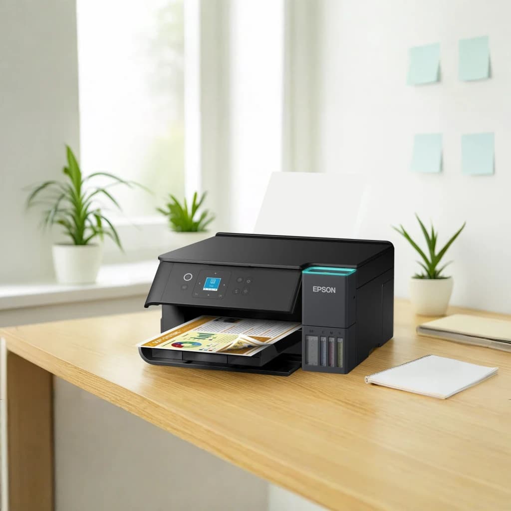 Imprimante Epson EcoTank ET-2950 Multifonction Couleur Noir, en cours d'utilisation: sur bureau imprimant document couleur