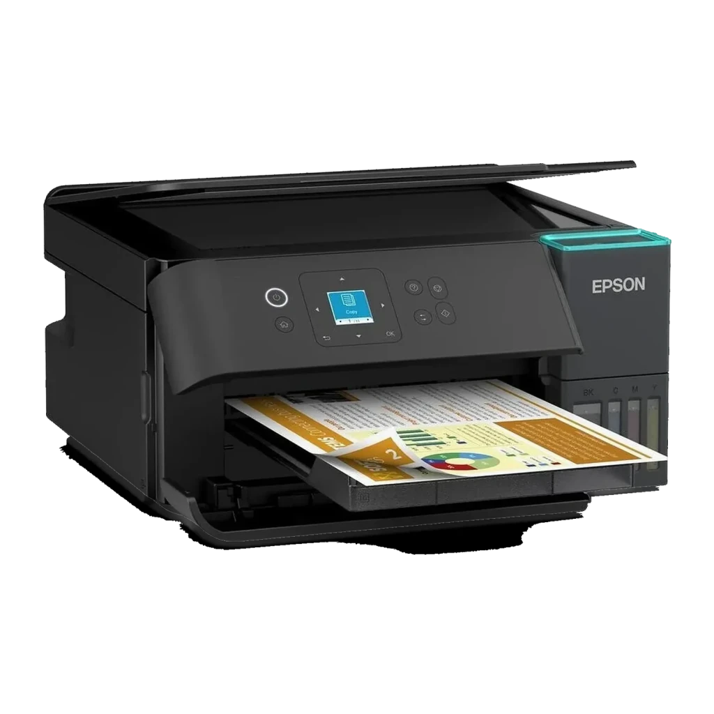 Impresora Epson EcoTank ET-2950 Multifunción Color Negro, detalle: vista lateral con página a color impresa, pantalla LCD