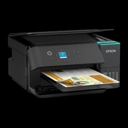 Imprimante Epson EcoTank ET-2950 Multifonction Couleur Noir, détail: vue latérale avec page couleur imprimée, écran LCD
