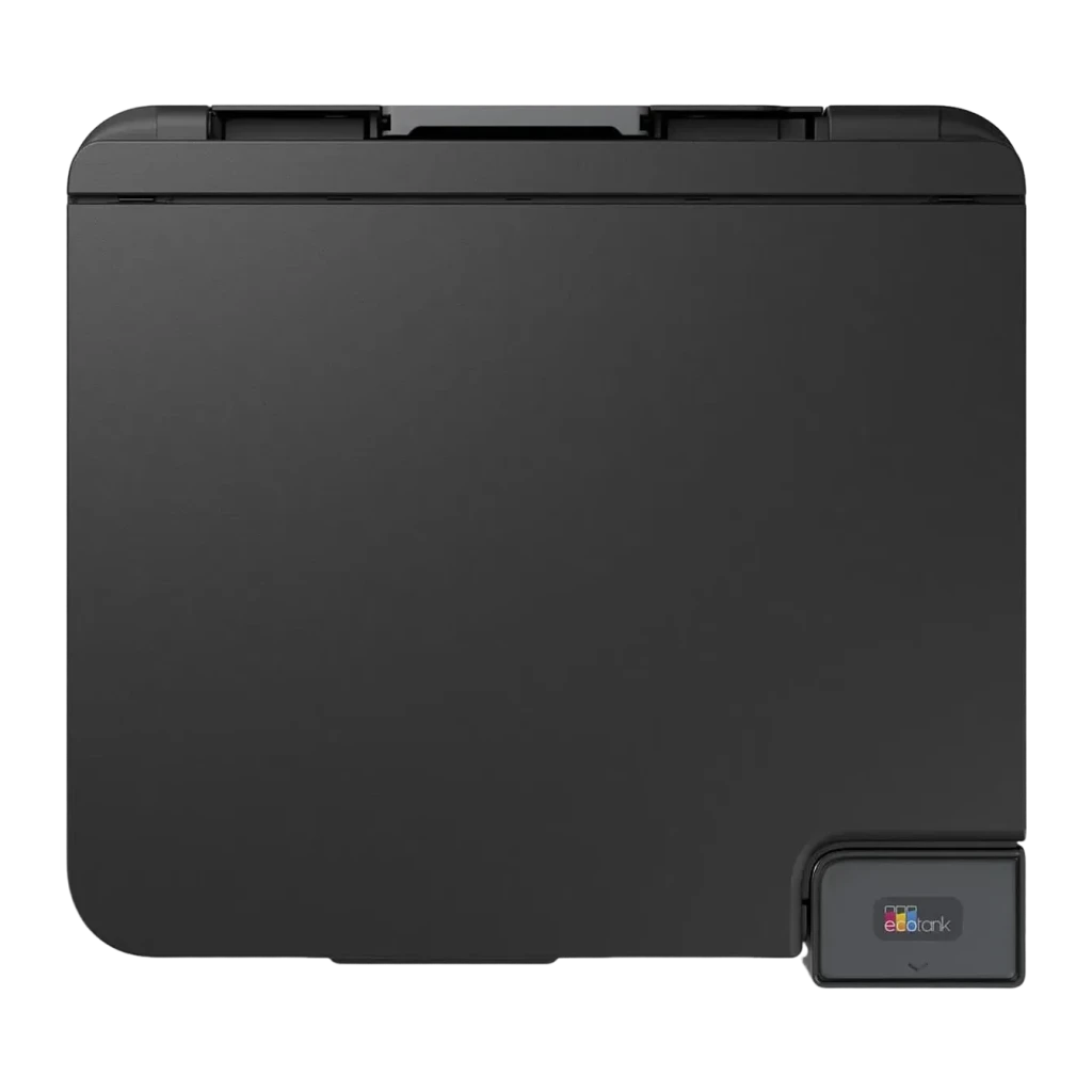 Impresora Epson EcoTank ET-2950 Multifunción Color Negro, detalle superior: tapa del escáner plana y logo EcoTank en esquina