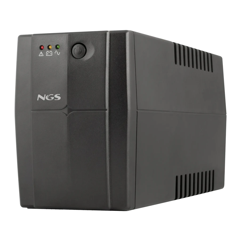 Onduleur NGS Fortress 1200 V3 Offline 1200VA 480W Noir, vue de face: boîtier noir avec logo NGS, 3 LEDs indicateurs