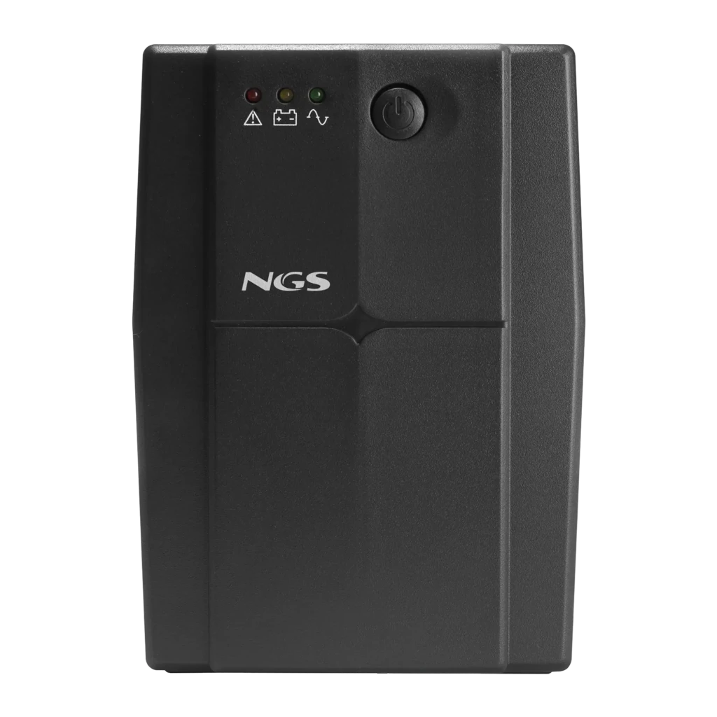 Onduleur NGS Fortress 1200 V3 Offline 1200VA 480W Noir, détail avant: LEDs indicateurs, bouton d'alimentation et logo NGS