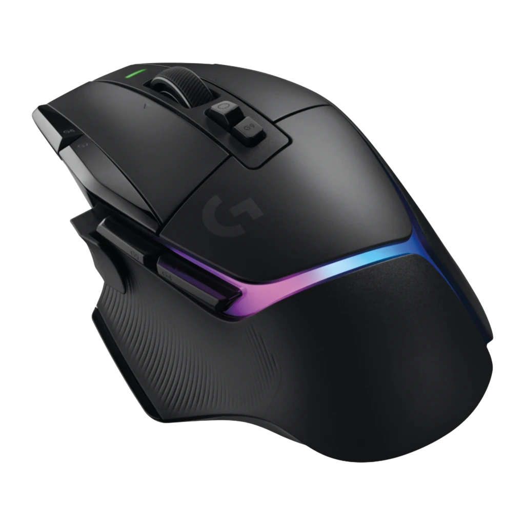 Ratón Gaming Logitech G502 X Plus Lightspeed Inalámbrico 25600 DPI RGB Negro, vista frontal: iluminación RGB azul y rosa