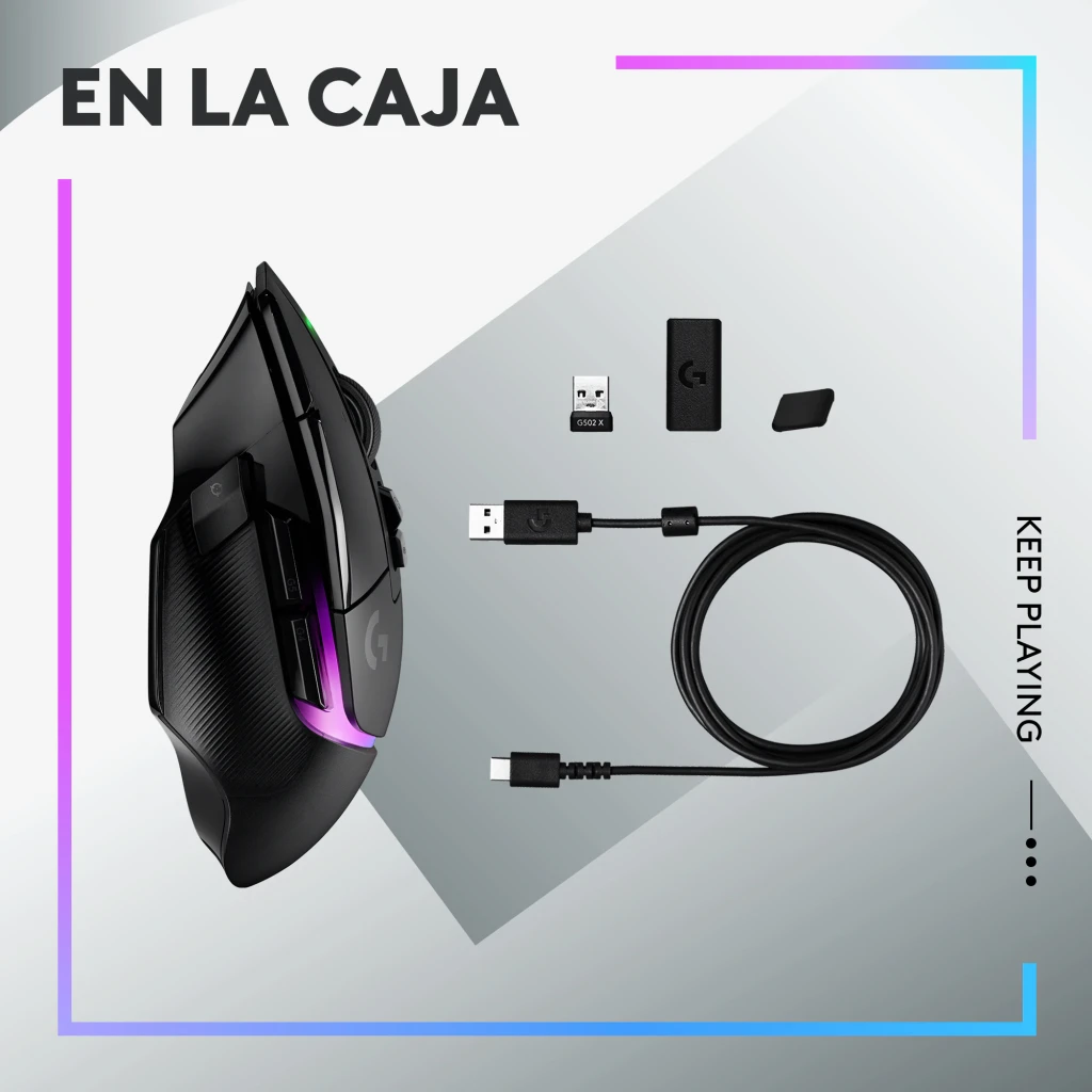 Ratón Gaming Logitech G502 X Plus Lightspeed Inalámbrico 25600 DPI RGB Negro, contenido de caja: ratón, receptor USB, cable