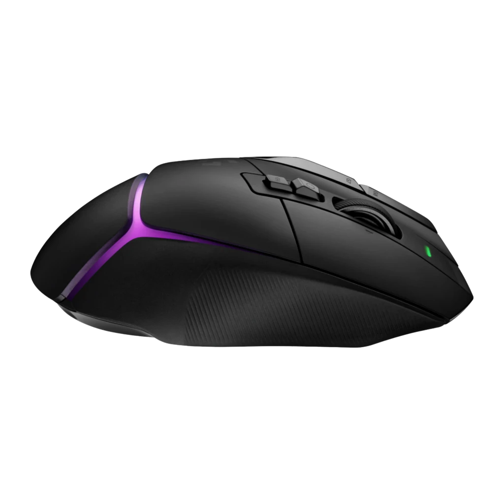 Ratón Gaming Logitech G502 X Plus Lightspeed Inalámbrico 25600 DPI RGB Negro, detalle: iluminación RGB morada en lateral