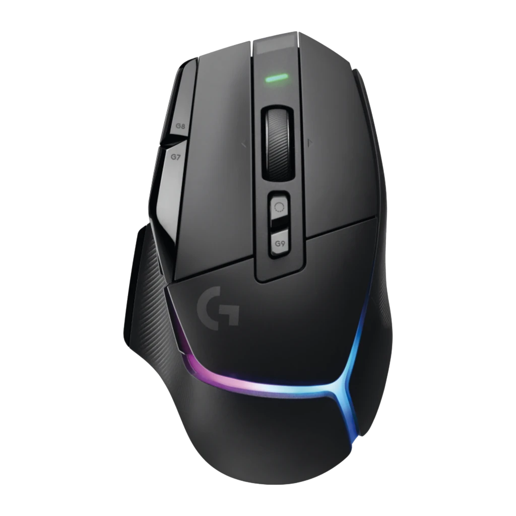 Ratón Gaming Logitech G502 X Plus Lightspeed Inalámbrico 25600 DPI RGB Negro, detalle: vista superior con iluminación RGB