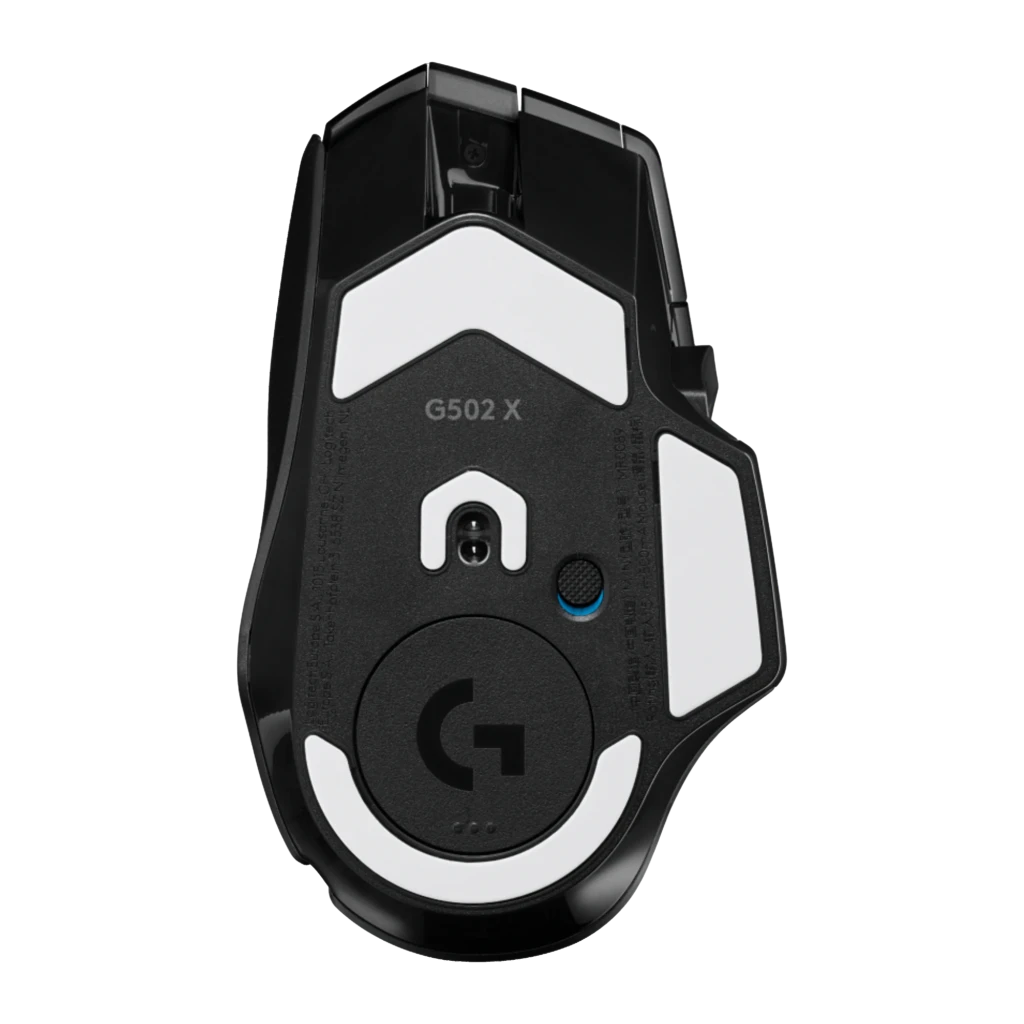 Ratón Gaming Logitech G502 X Plus Lightspeed Inalámbrico 25600 DPI RGB Negro, vista trasera: sensor óptico, logo G y patines