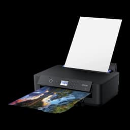 Impressora de jato de tinta Epson Expression Photo HD XP-15000 Preto, detalhe: bandeja com foto de paisagem impressa e folha