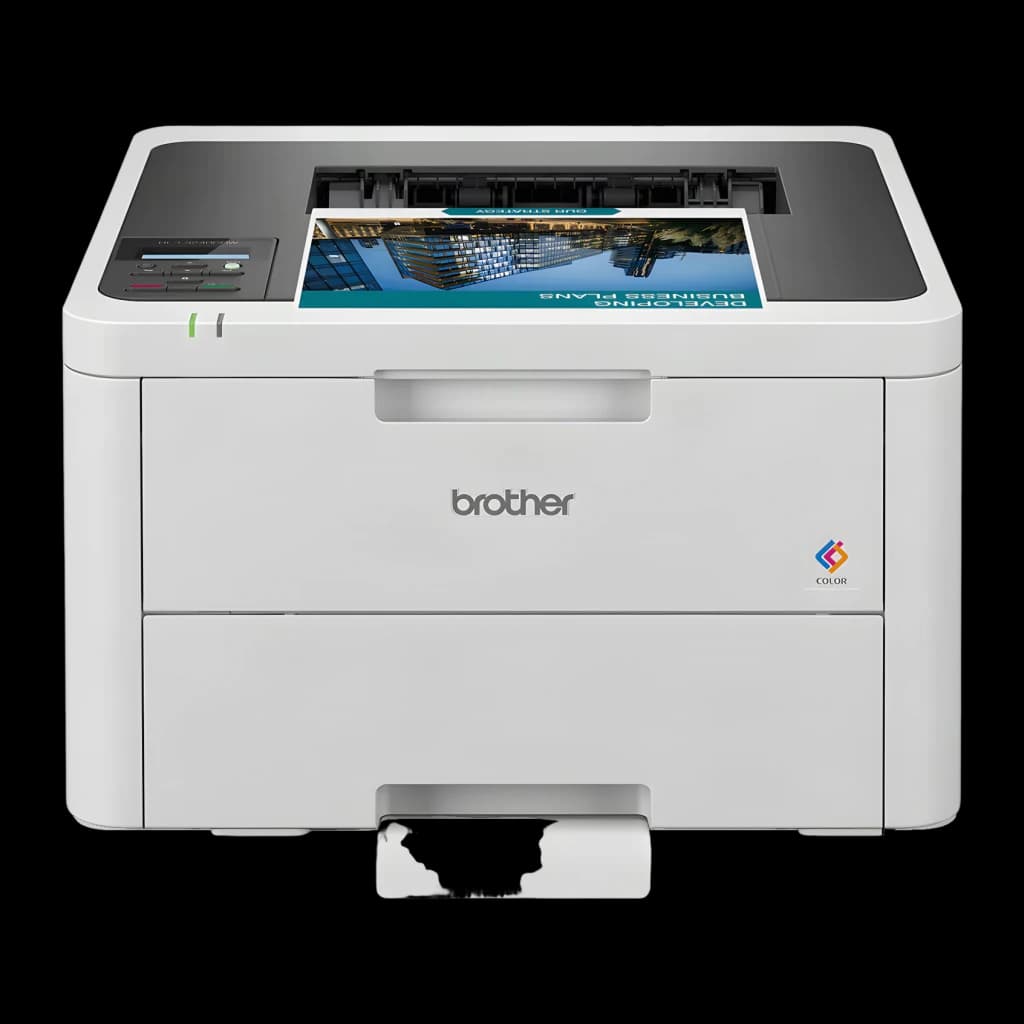 Impressora Brother HL-L3240CDW Laser Cores Duplex Branco, vista frontal: painel de controlo, bandeja e documento a cores