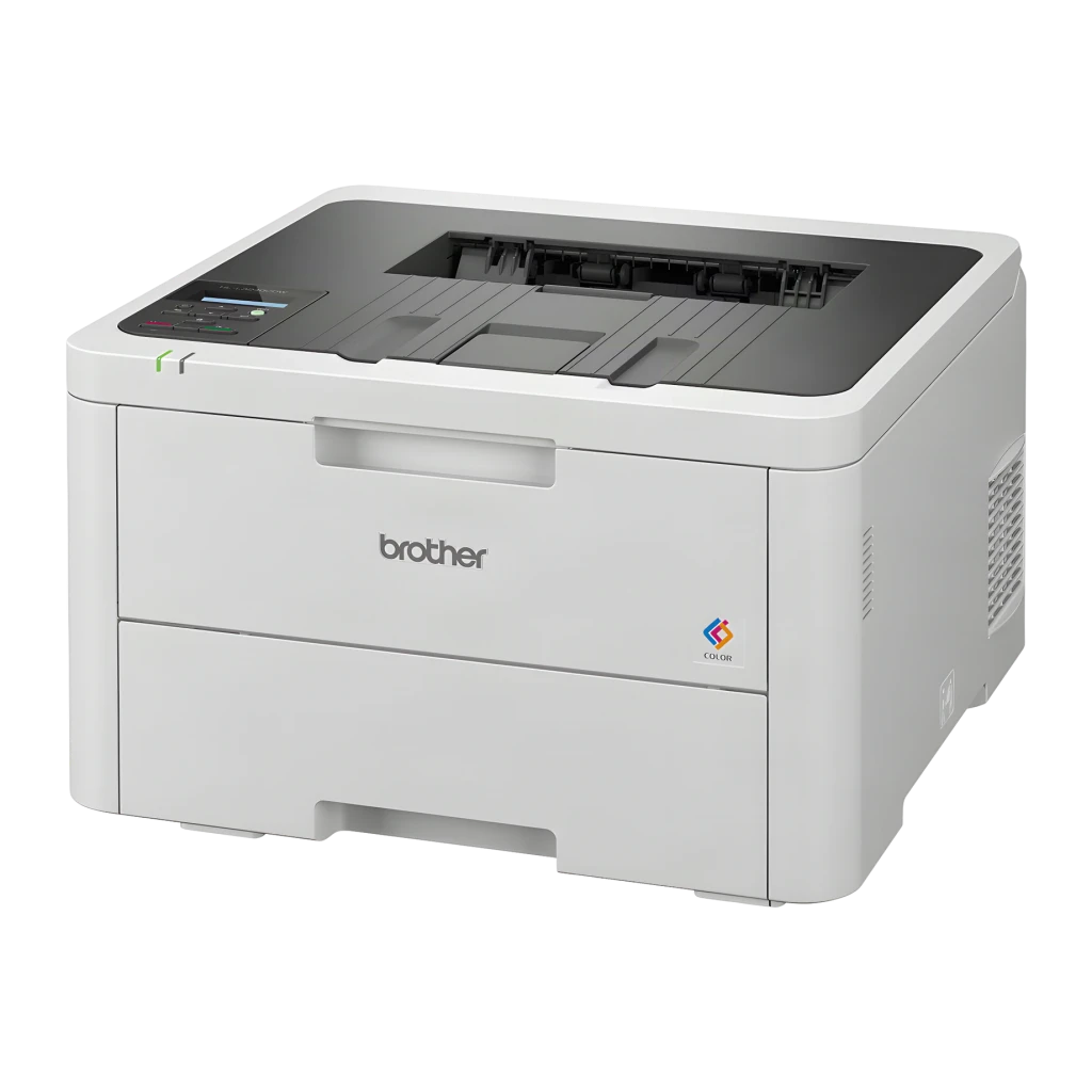 Impressora Brother HL-L3240CDW Laser Cores Duplex Branco, detalhe: vista em ângulo frontal-lateral, bandeja de saída aberta