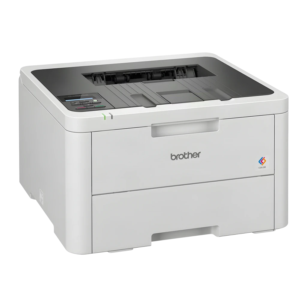 Impressora Brother HL-L3240CDW Laser Cores Duplex Branco, detalhe: vista em ângulo com painel de controlo, bandeja