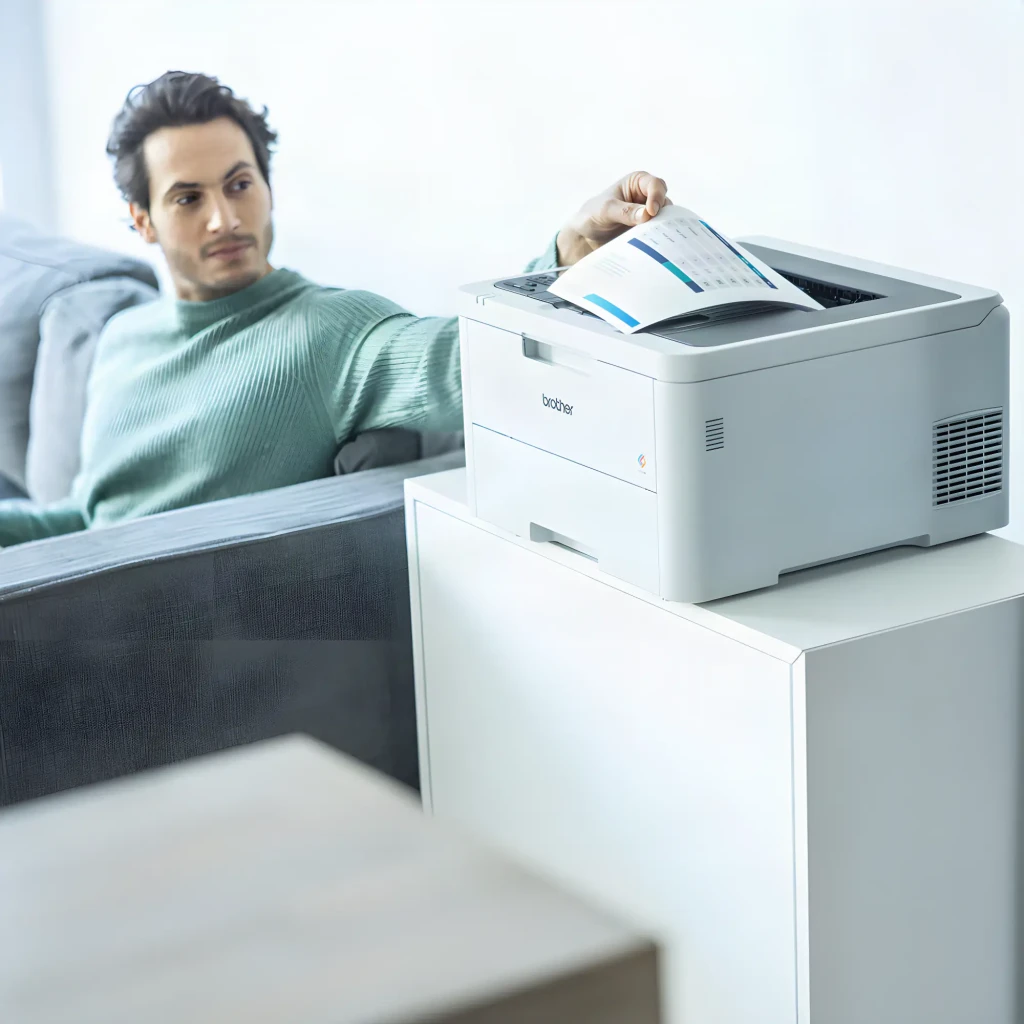 Impressora Brother HL-L3240CDW Laser Cores Duplex Branco, em uso: homem retira página impressa a cores da bandeja de saída
