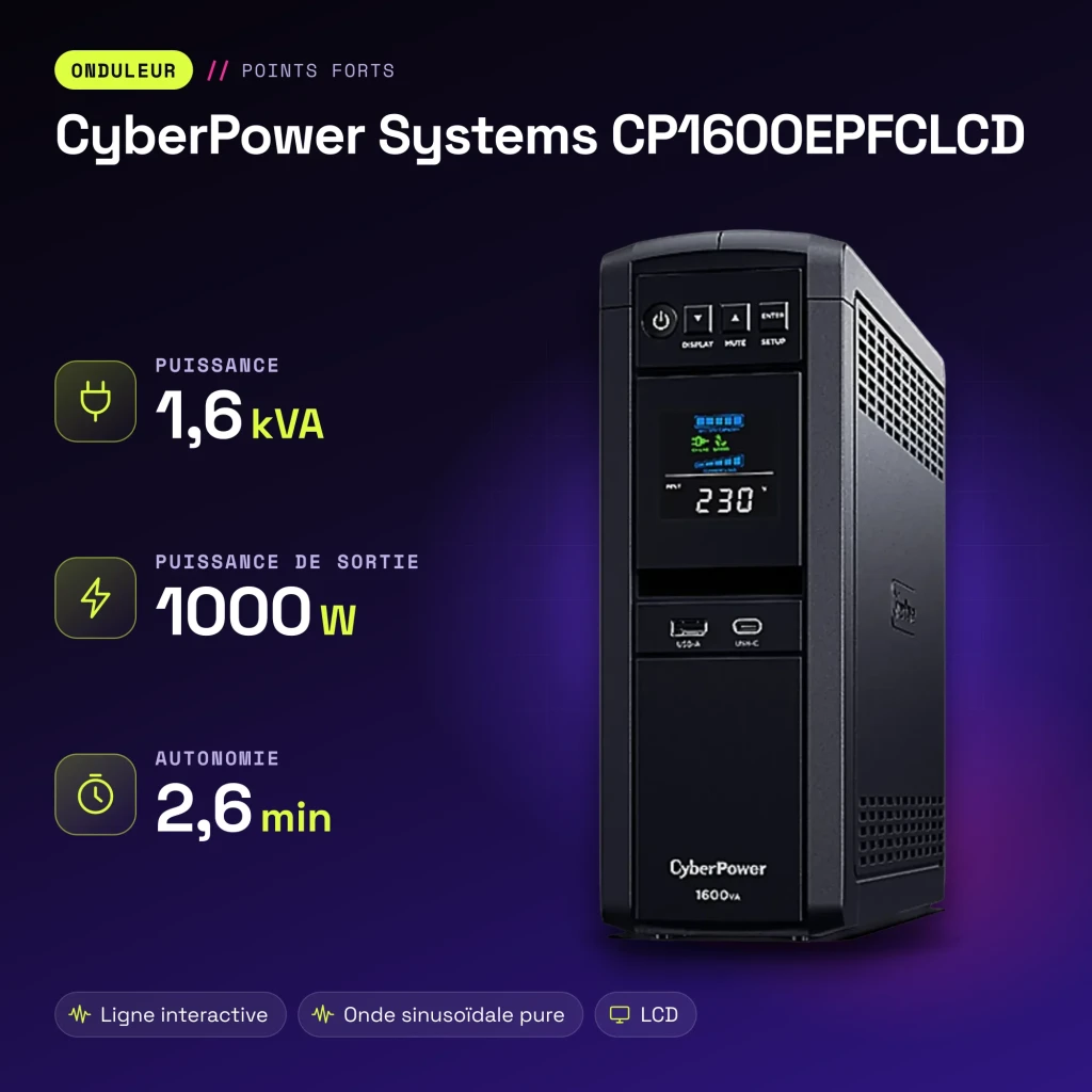 Onduleur CyberPower Systems CP1600EPFCLCD Ligne Interactive Noir - caractéristiques