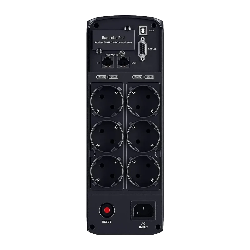 Onduleur CyberPower Systems CP1600EPFCLCD Ligne Interactive Noir, vue arrière: 6 prises Schuko, ports USB, série et réseau