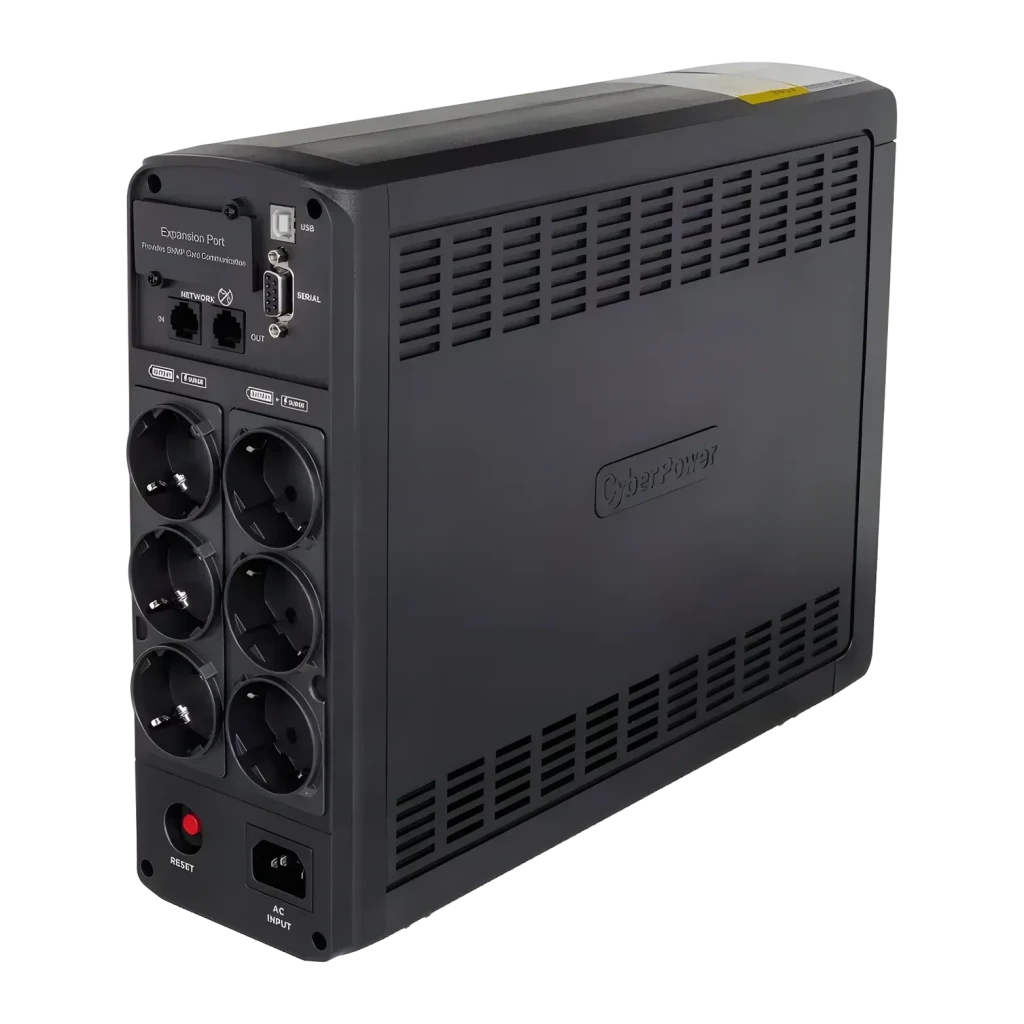 Onduleur CyberPower Systems CP1600EPFCLCD Ligne Interactive Noir, vue arrière: 8 prises Schuko, ports USB, série, réseau