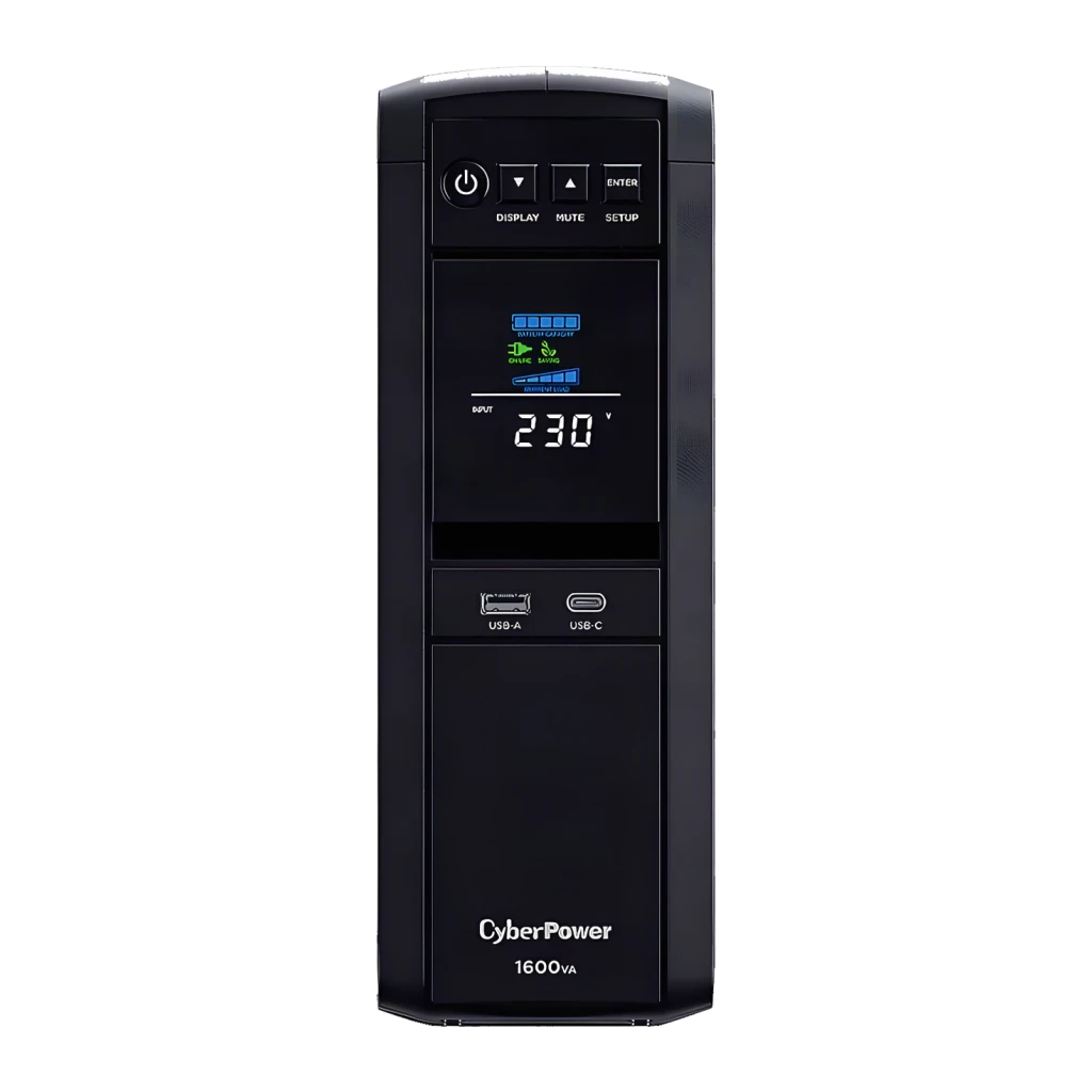 Onduleur CyberPower Systems CP1600EPFCLCD Ligne Interactive Noir, détail avant: écran LCD affichant 230V, boutons