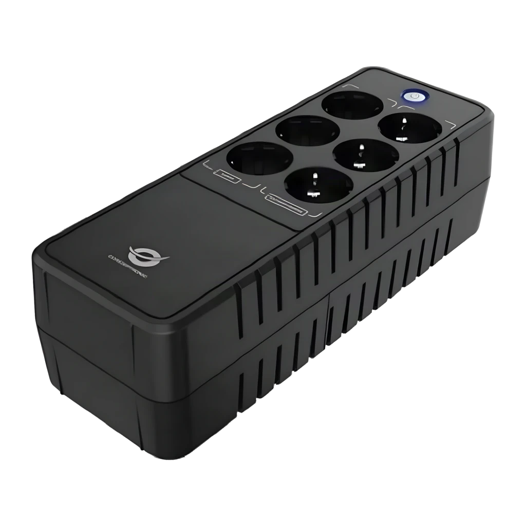 Onduleur Conceptronic Zeus 05E Offline 650VA 360W Noir, vue de face: corps noir avec 6 prises Schuko sur le panneau