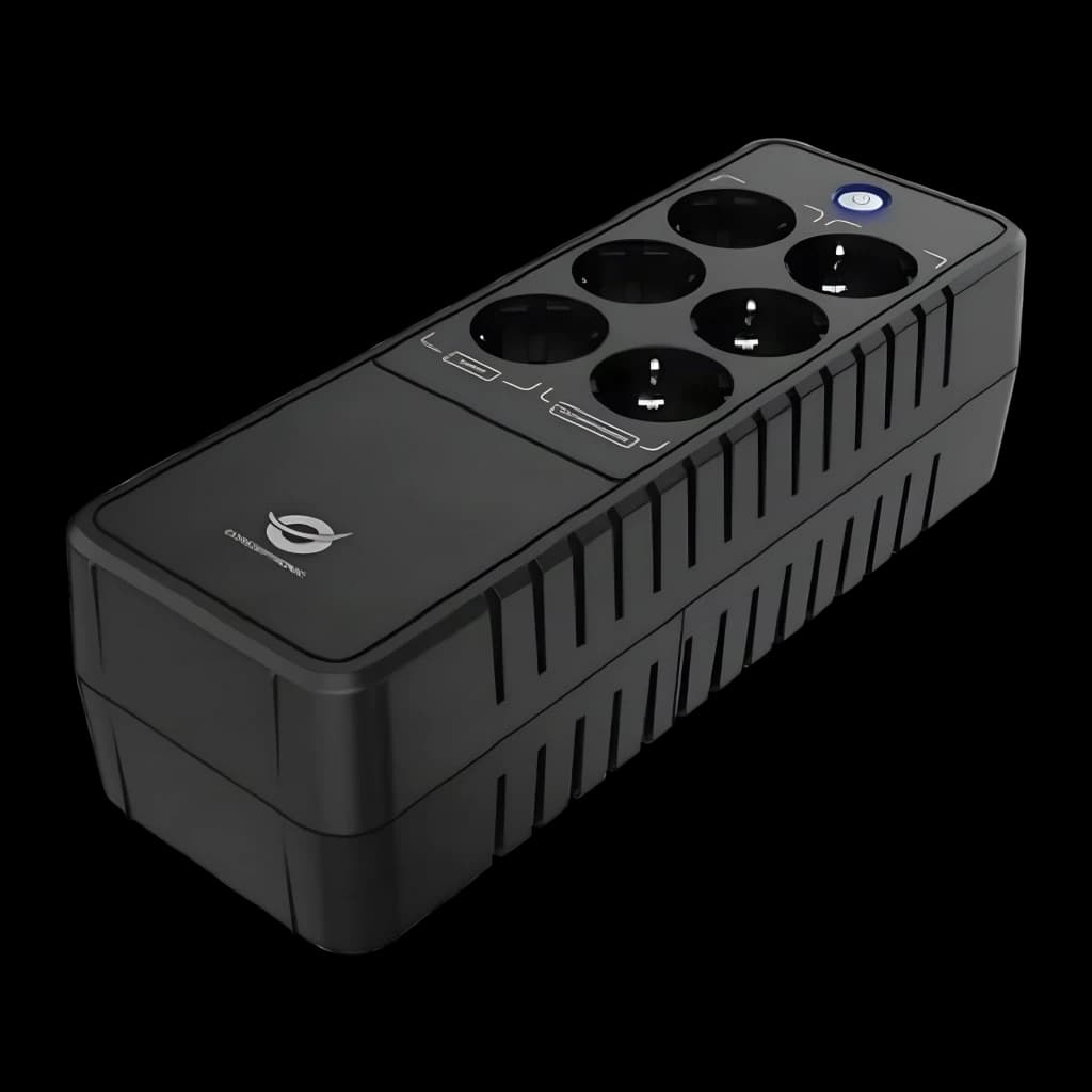 Onduleur Conceptronic Zeus 05E Offline 650VA 360W Noir, vue de face: corps noir avec 6 prises Schuko sur le panneau