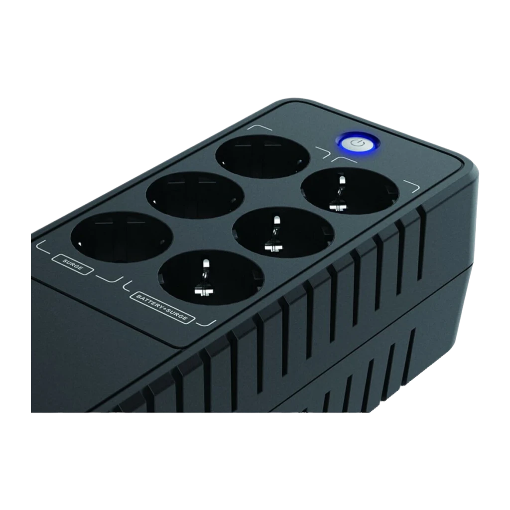 Onduleur Conceptronic Zeus 05E Offline 650VA 360W Noir, détail: panneau supérieur avec 6 prises Schuko, zones Surge