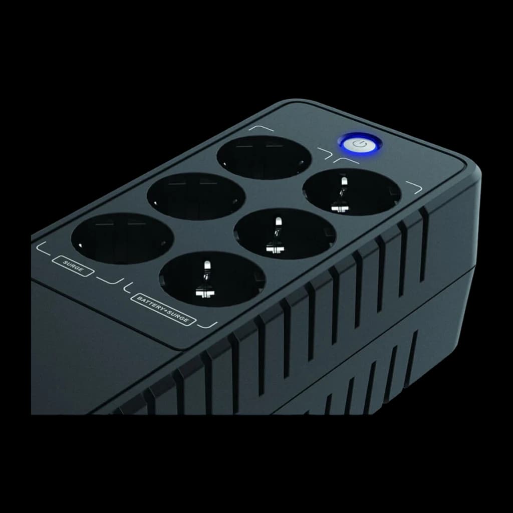 Onduleur Conceptronic Zeus 05E Offline 650VA 360W Noir, détail: panneau supérieur avec 6 prises Schuko, zones Surge