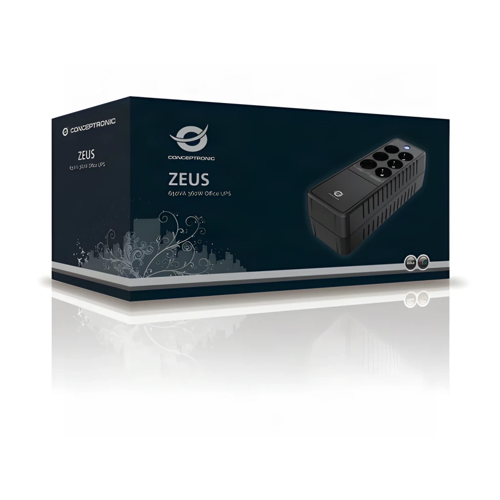 Onduleur Conceptronic Zeus 05E Offline 650VA 360W Noir, contenu boîte: packaging sombre avec visuel de l'onduleur et prises