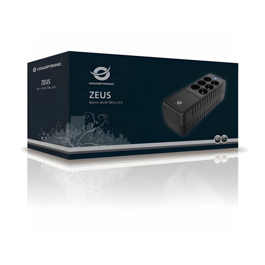 Onduleur Conceptronic Zeus 05E Offline 650VA 360W Noir, contenu boîte: packaging sombre avec visuel de l'onduleur et prises