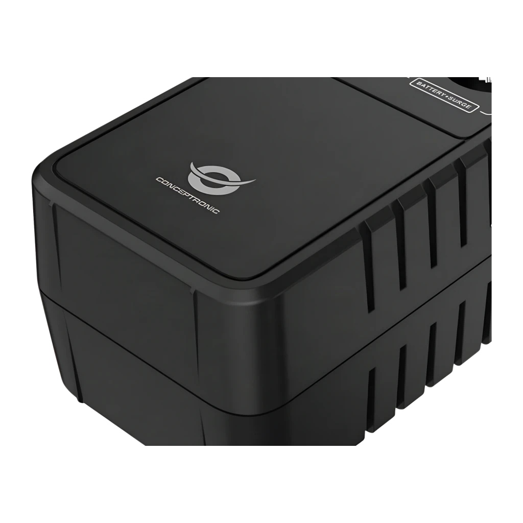 Onduleur Conceptronic Zeus 05E Offline 650VA 360W Noir, détail: vue supérieure en angle avec logo et rainures de ventilation
