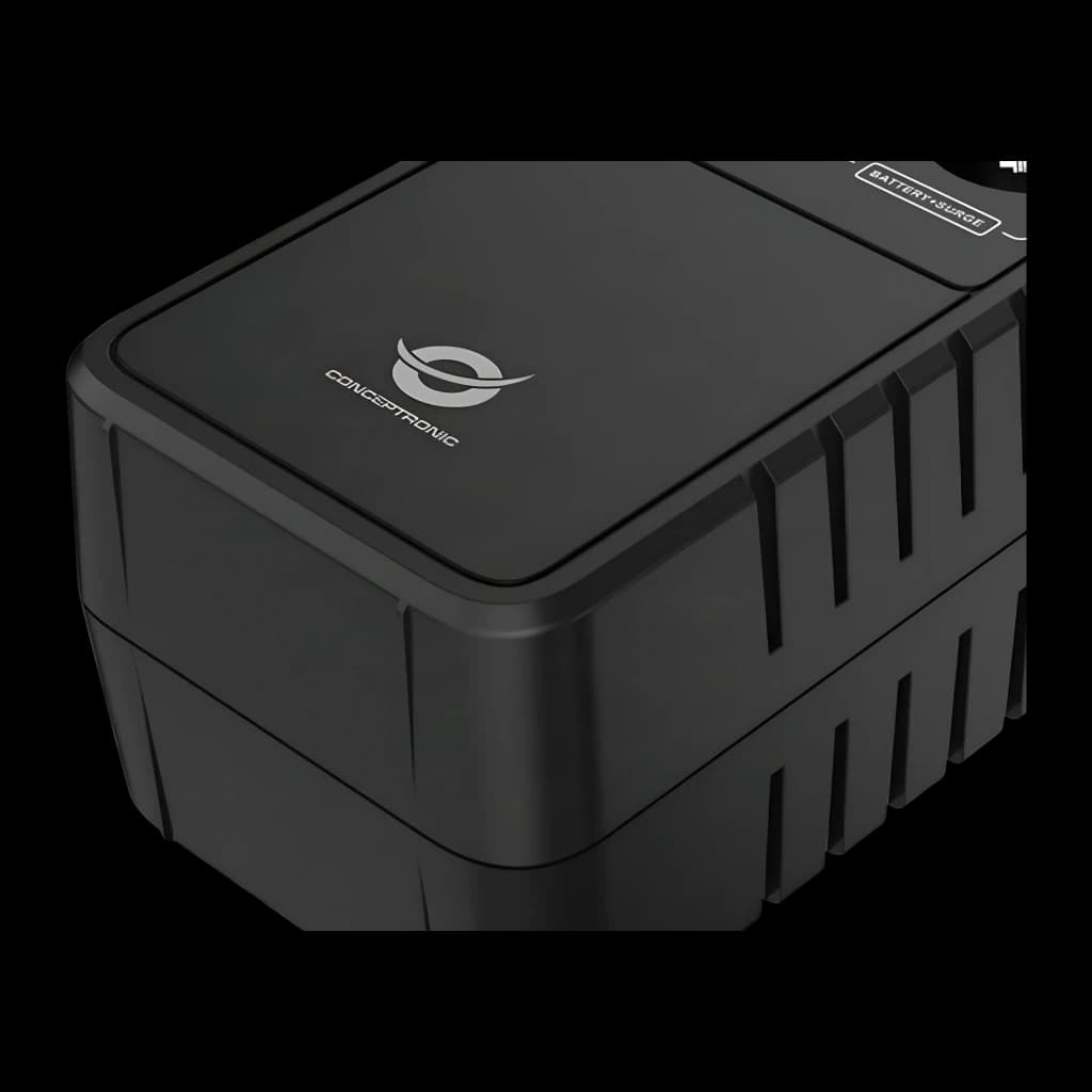 Onduleur Conceptronic Zeus 05E Offline 650VA 360W Noir, détail: vue supérieure en angle avec logo et rainures de ventilation