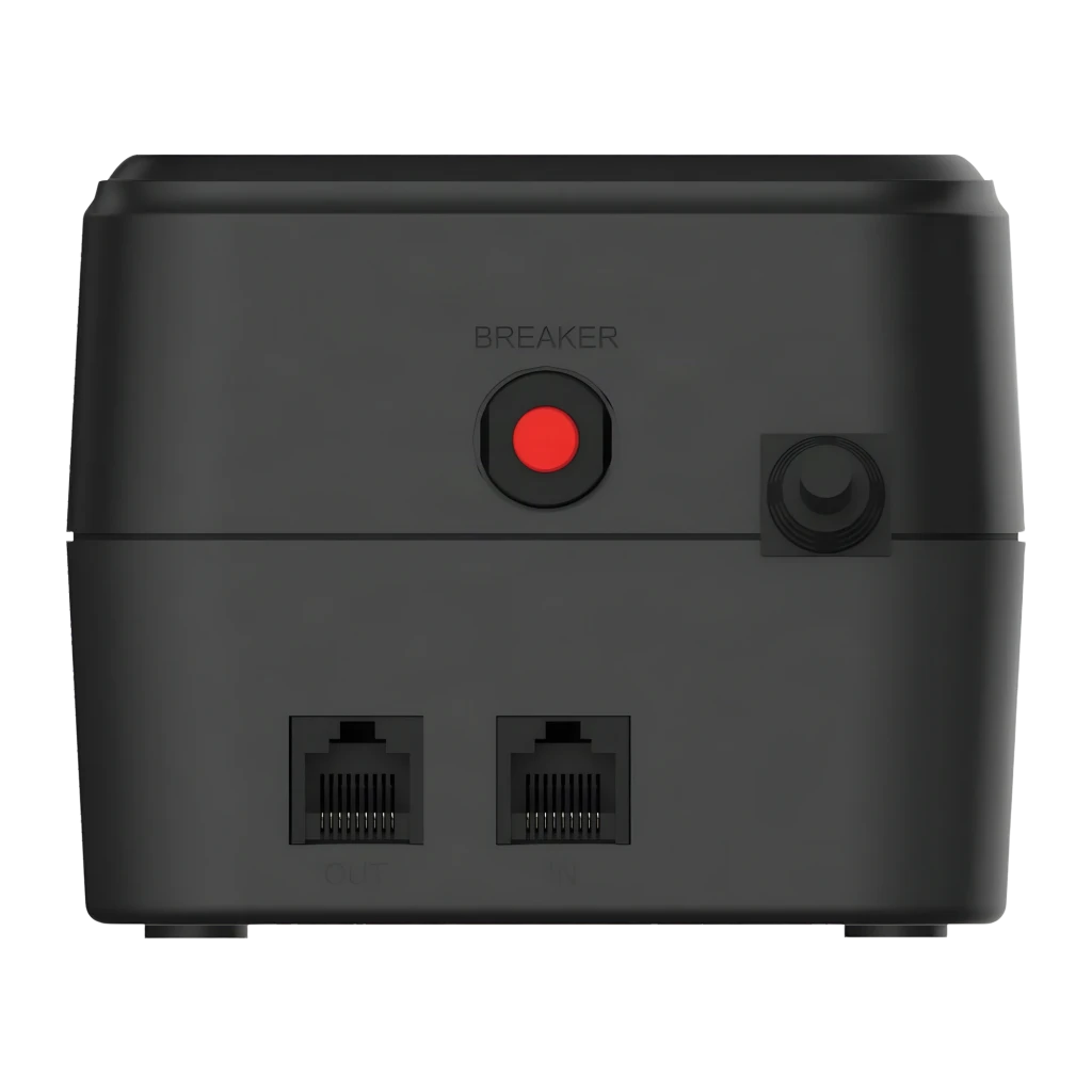 Onduleur Conceptronic Zeus 05E Offline 650VA 360W Noir, vue arrière: bouton breaker rouge, molette et ports RJ45 IN/OUT