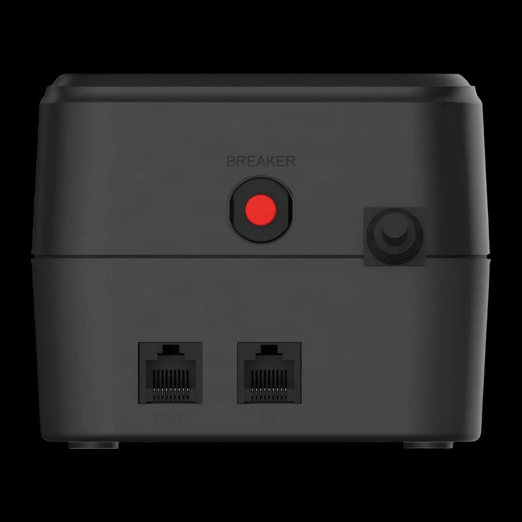 Onduleur Conceptronic Zeus 05E Offline 650VA 360W Noir, vue arrière: bouton breaker rouge, molette et ports RJ45 IN/OUT