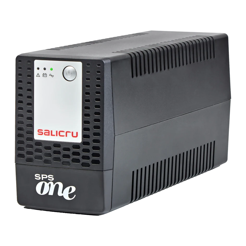 UPS Salicru SPS 900 One Linha Interativa 900VA 480W Preto, vista frontal: carcaça preta com grelhas, painel cinza com LEDs