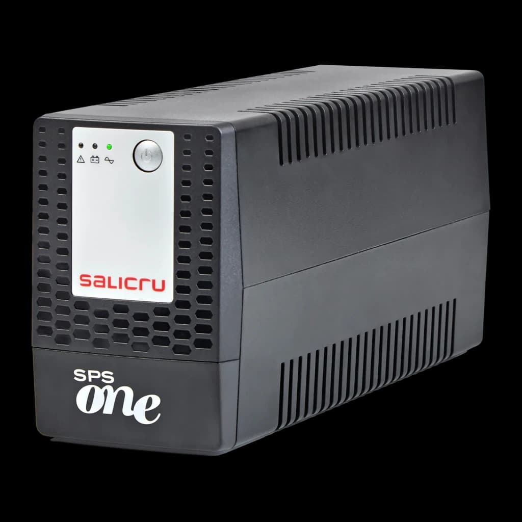 UPS Salicru SPS 900 One Linha Interativa 900VA 480W Preto, vista frontal: carcaça preta com grelhas, painel cinza com LEDs