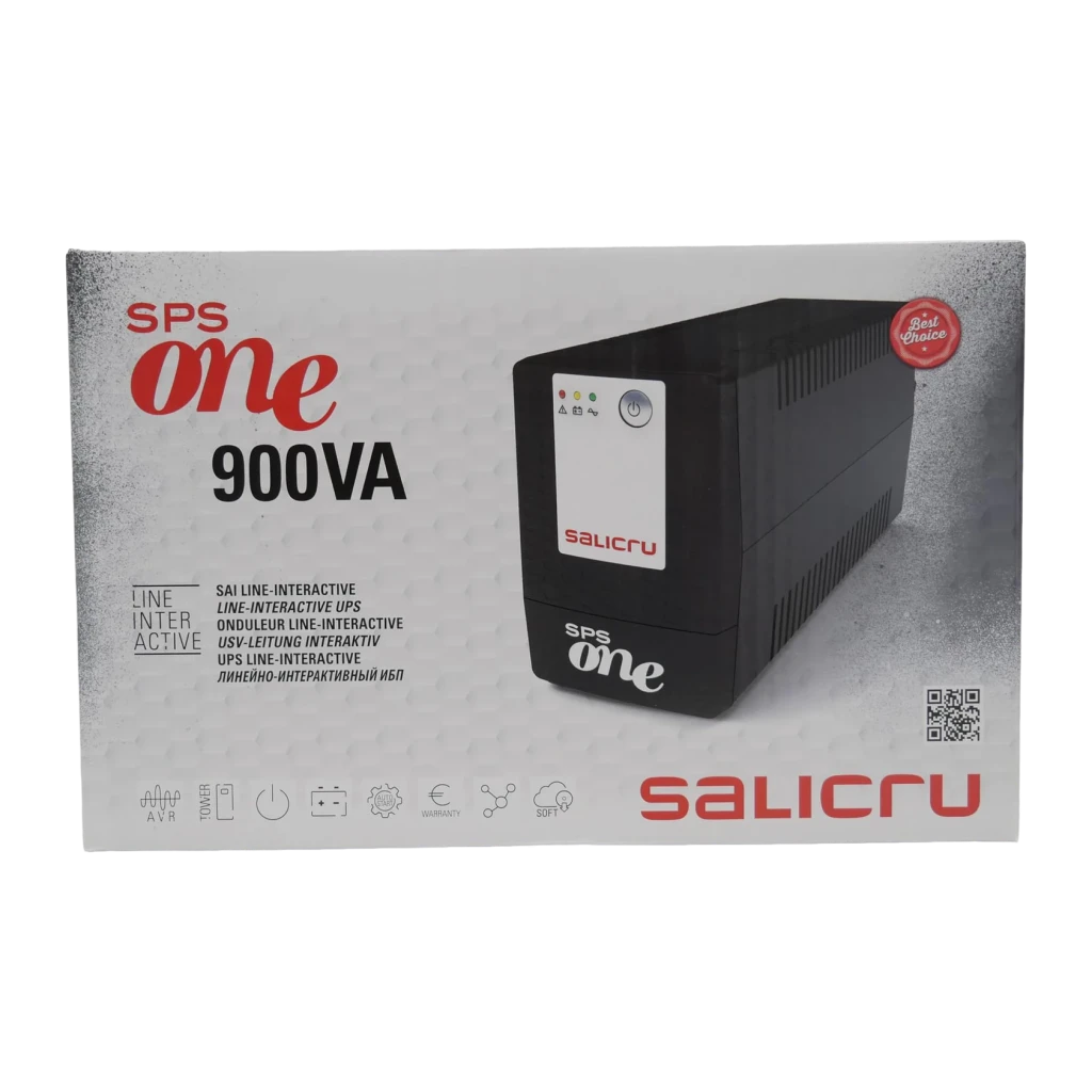 UPS Salicru SPS 900 One Linha Interativa 900VA 480W Preto, conteúdo da caixa: frente da caixa com foto do UPS preto e ícones