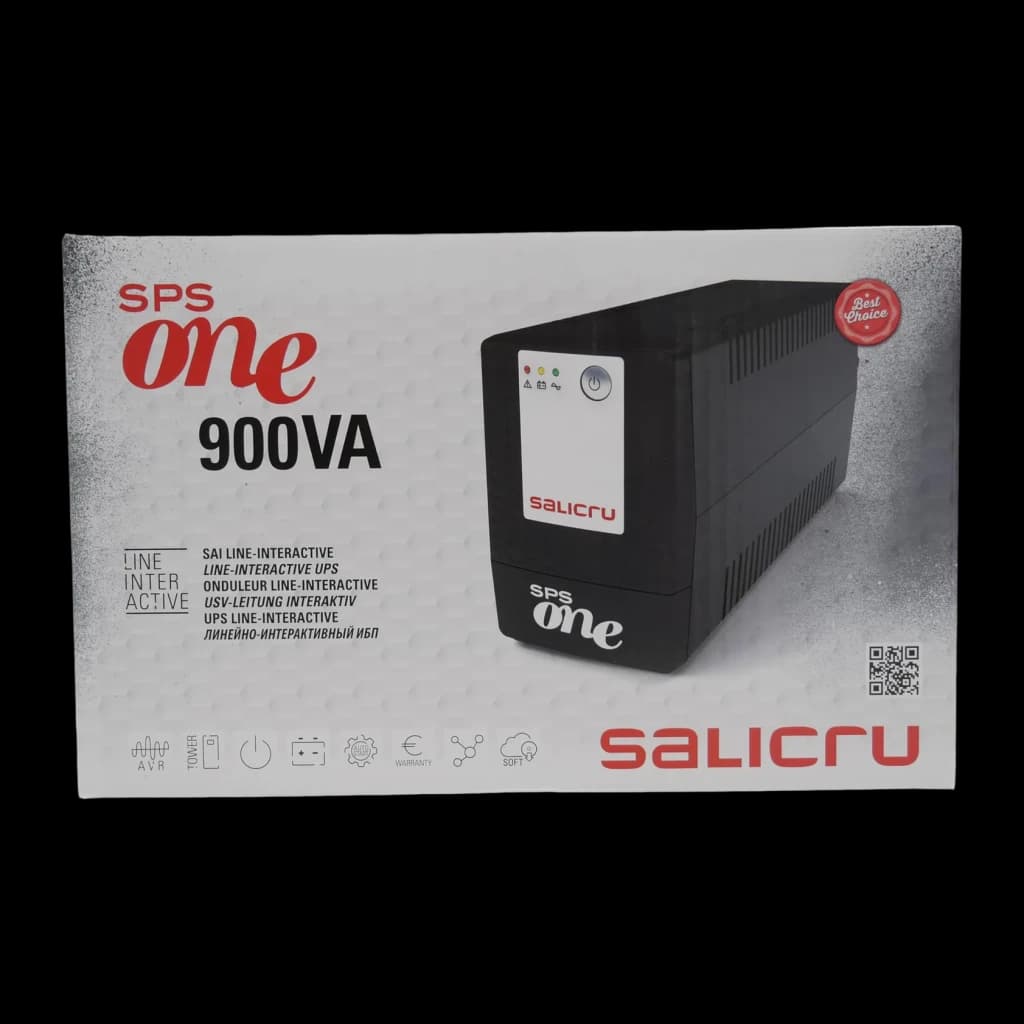 UPS Salicru SPS 900 One Linha Interativa 900VA 480W Preto, conteúdo da caixa: frente da caixa com foto do UPS preto e ícones