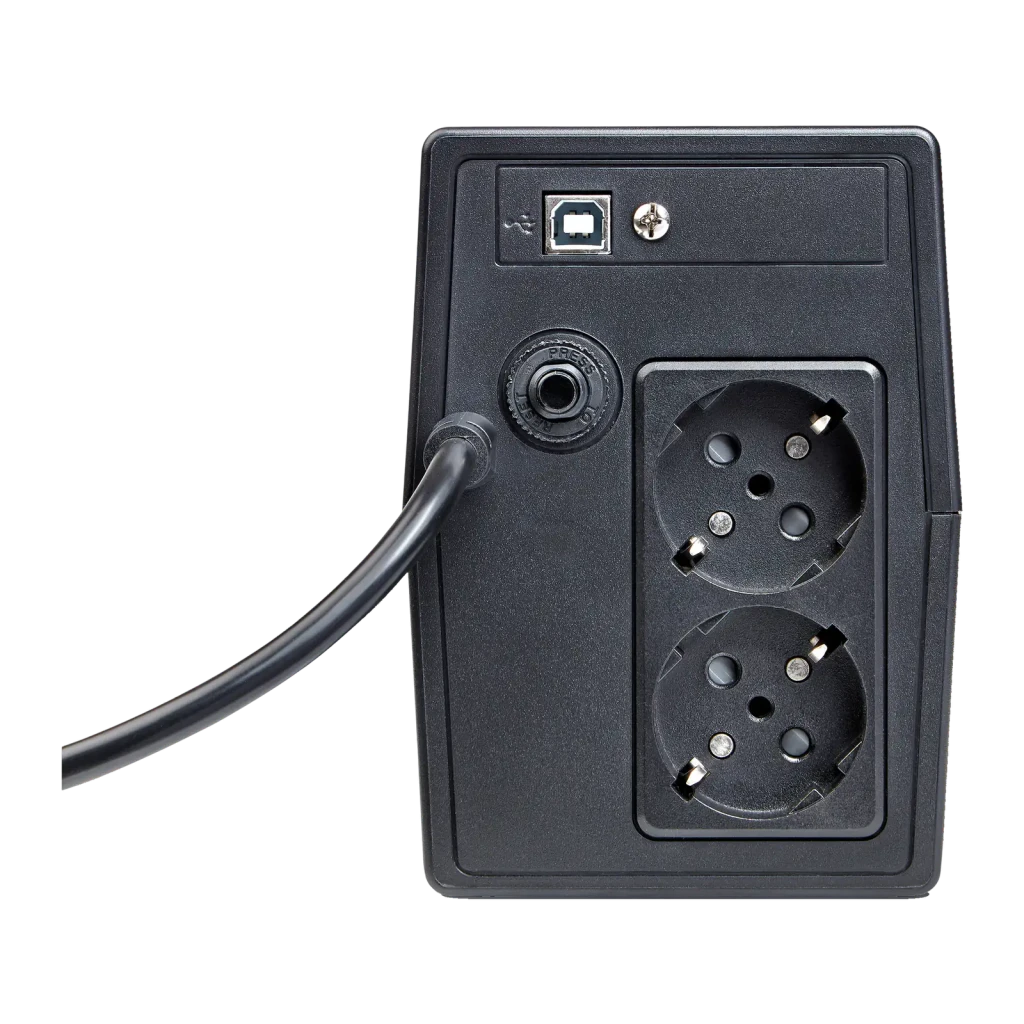 UPS Salicru SPS 900 One Linha Interativa 900VA 480W Preto, vista traseira: porta USB tipo B, 2 tomadas Schuko e cabo