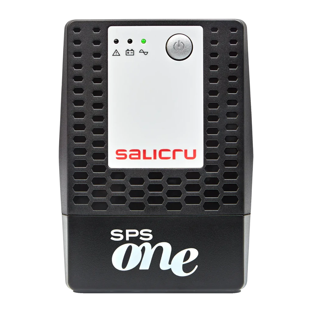 UPS Salicru SPS 900 One Linha Interativa 900VA 480W Preto, detalhe frontal: painel com LEDs de estado, botão de energia