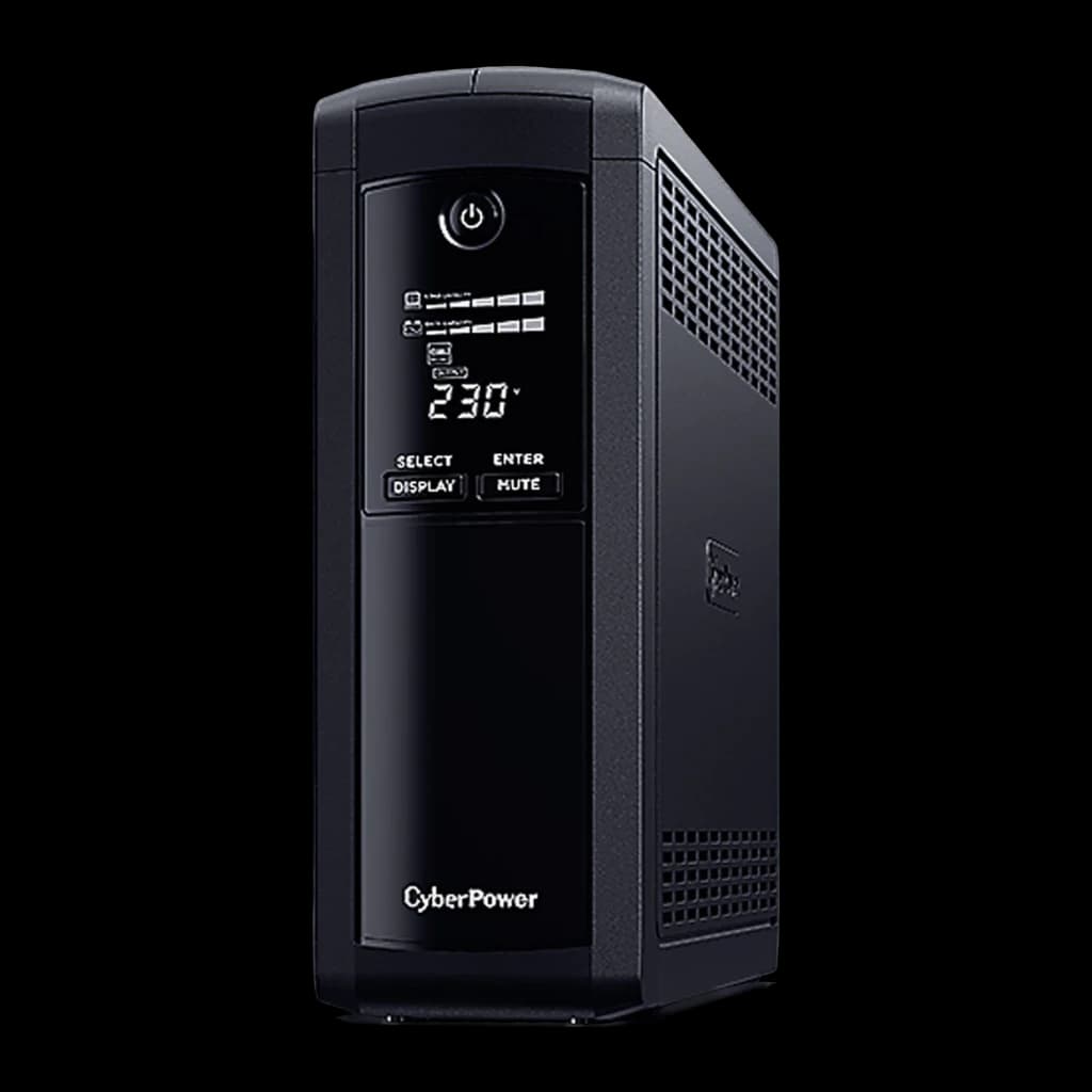 UPS CyberPower Systems VP1200ELCD Linha Interativa Preto, vista frontal: ecrã LCD com 230V, botão de energia e grelhas