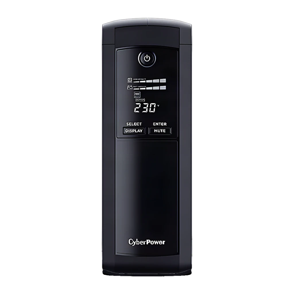 UPS CyberPower Systems VP1200ELCD Linha Interativa Preto, detalhe frontal: ecrã LCD com 230V, botão de energia e teclas