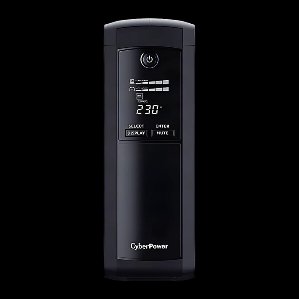 UPS CyberPower Systems VP1200ELCD Linha Interativa Preto, detalhe frontal: ecrã LCD com 230V, botão de energia e teclas
