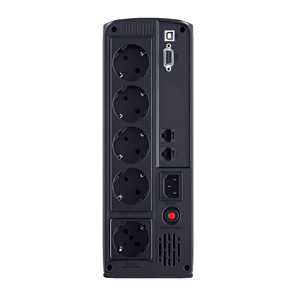 UPS CyberPower Systems VP1200ELCD Linha Interativa Preto, vista traseira: 5 tomadas Schuko, portas USB e RJ45, entrada IEC