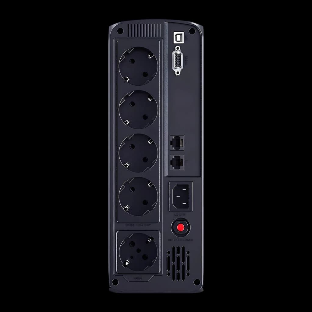 UPS CyberPower Systems VP1200ELCD Linha Interativa Preto, vista traseira: 5 tomadas Schuko, portas USB e RJ45, entrada IEC