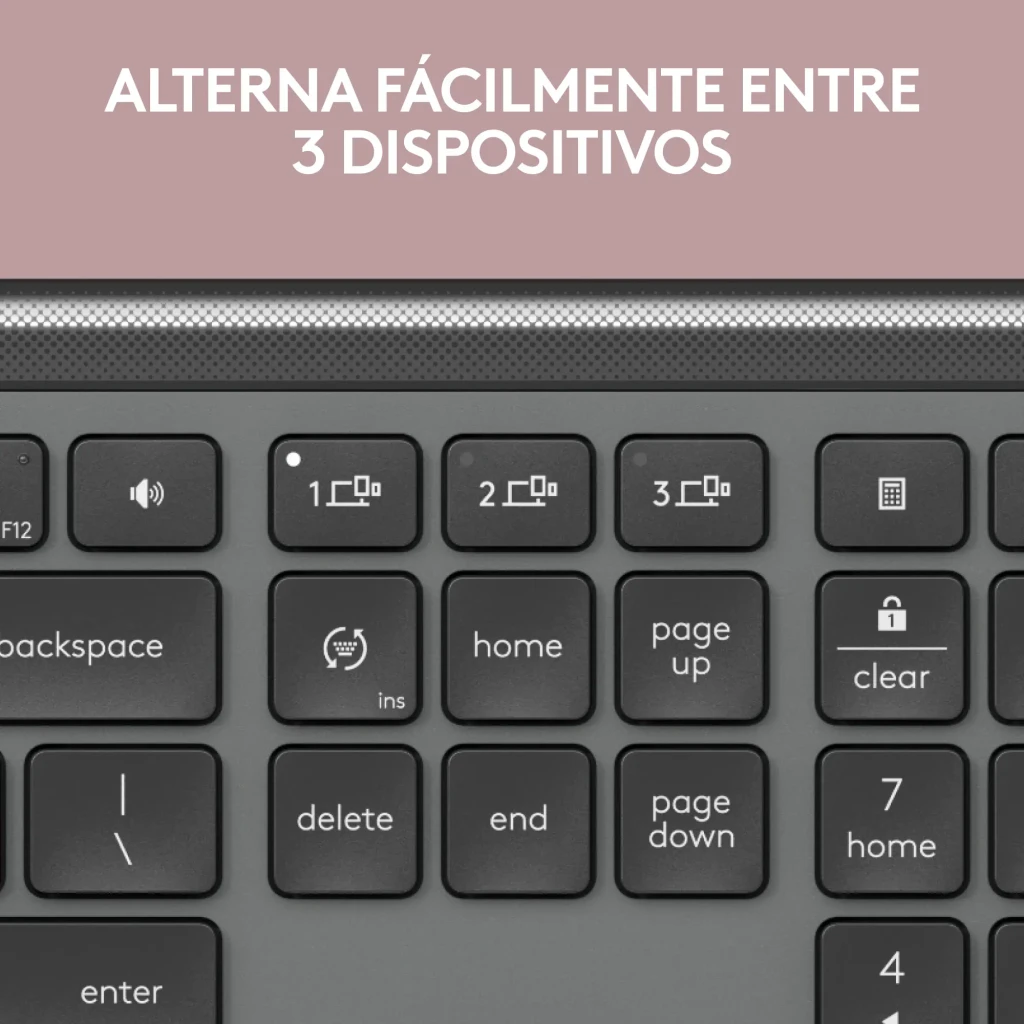 Teclado Logitech Signature Slim K950 Grafite Bluetooth + USB Logi Bolt, detalhe: teclas de alternância rápida entre 3