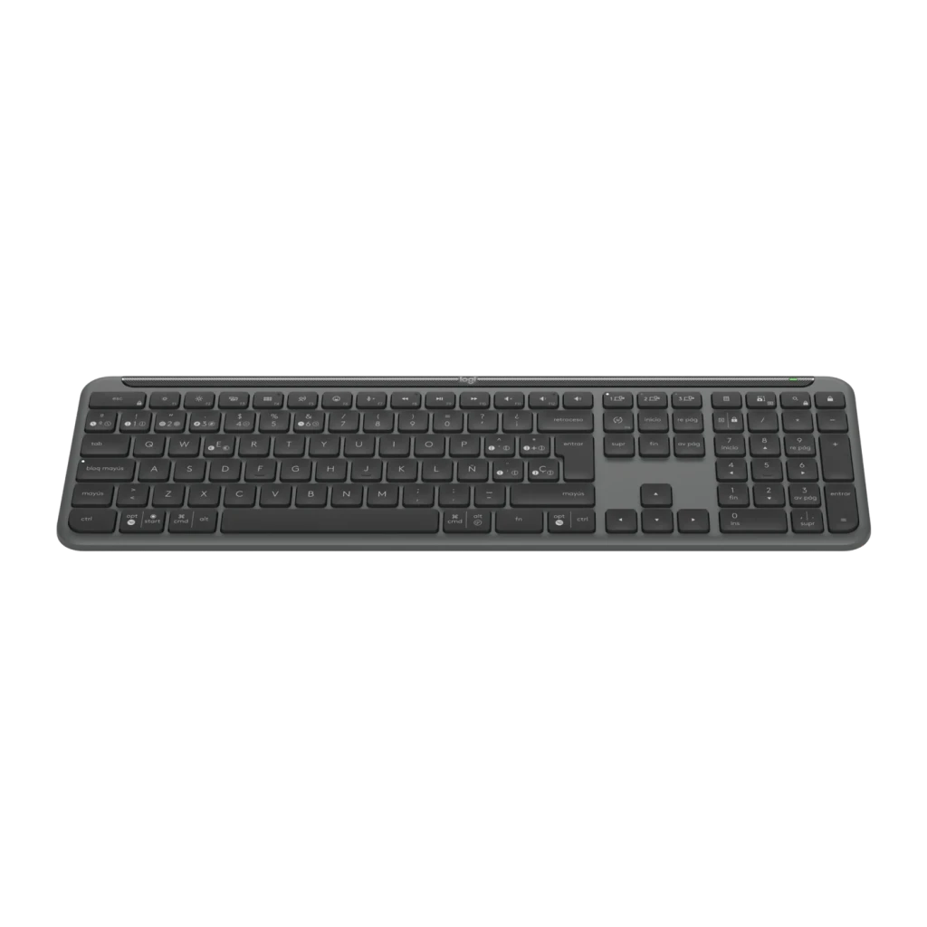 Teclado Logitech Signature Slim K950 Grafite Bluetooth + USB Logi Bolt, detalhe: vista superior em ângulo com teclado