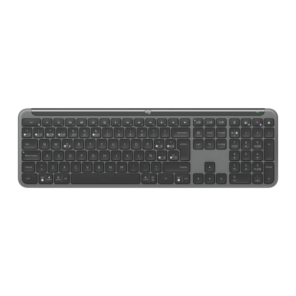 Teclado Logitech Signature Slim K950 Grafite Bluetooth + USB Logi Bolt, detalhe: vista superior completa com teclado